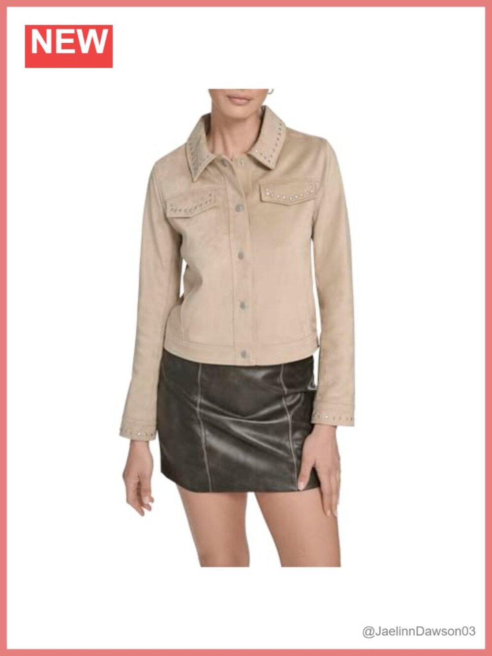 Faux Suede Studded Laydown Collar Snap Front Jacket Long Sleeve